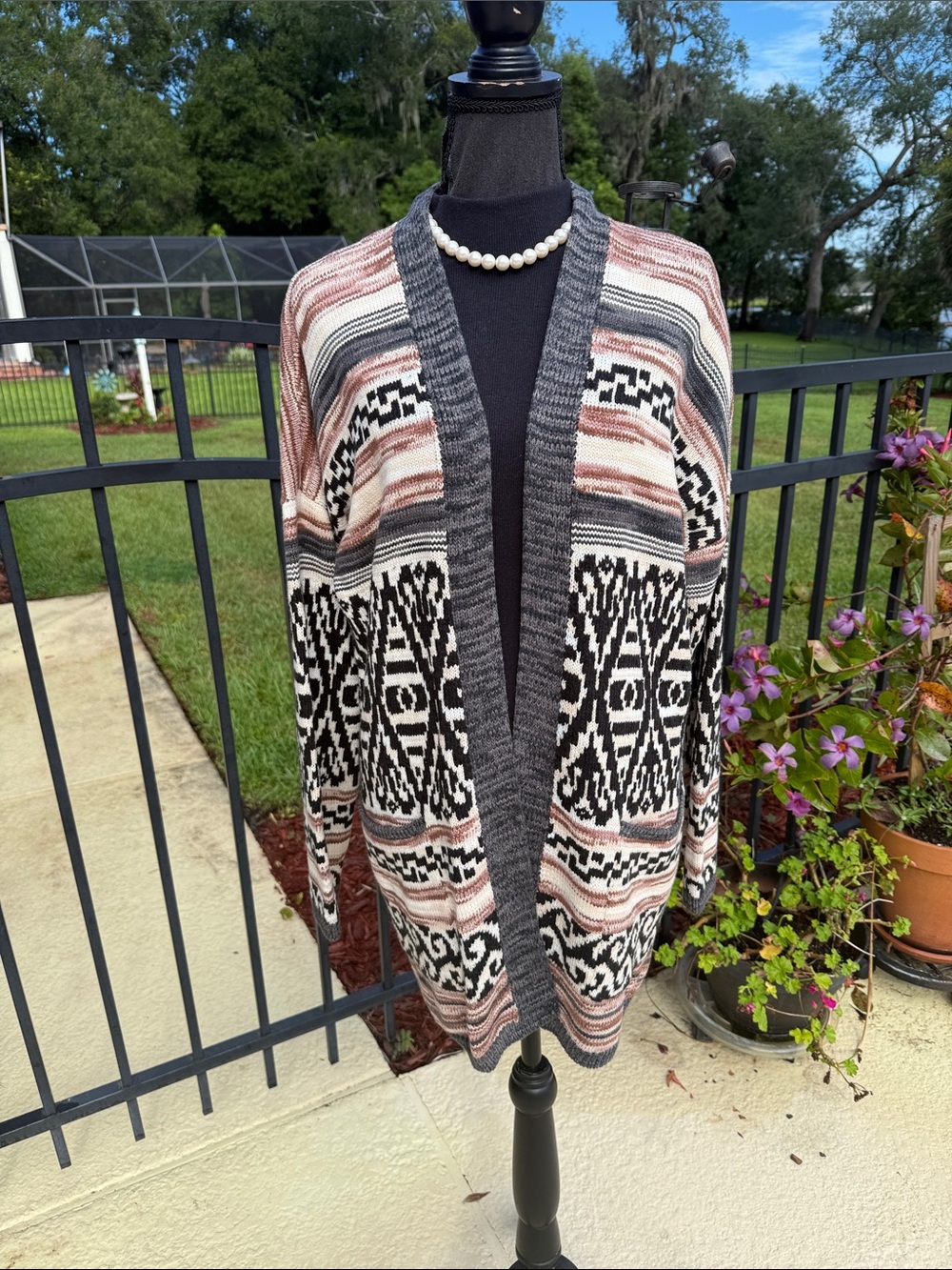 Lucky Brand Open-Front Aztec Cardigan in Gray, Blush and Black